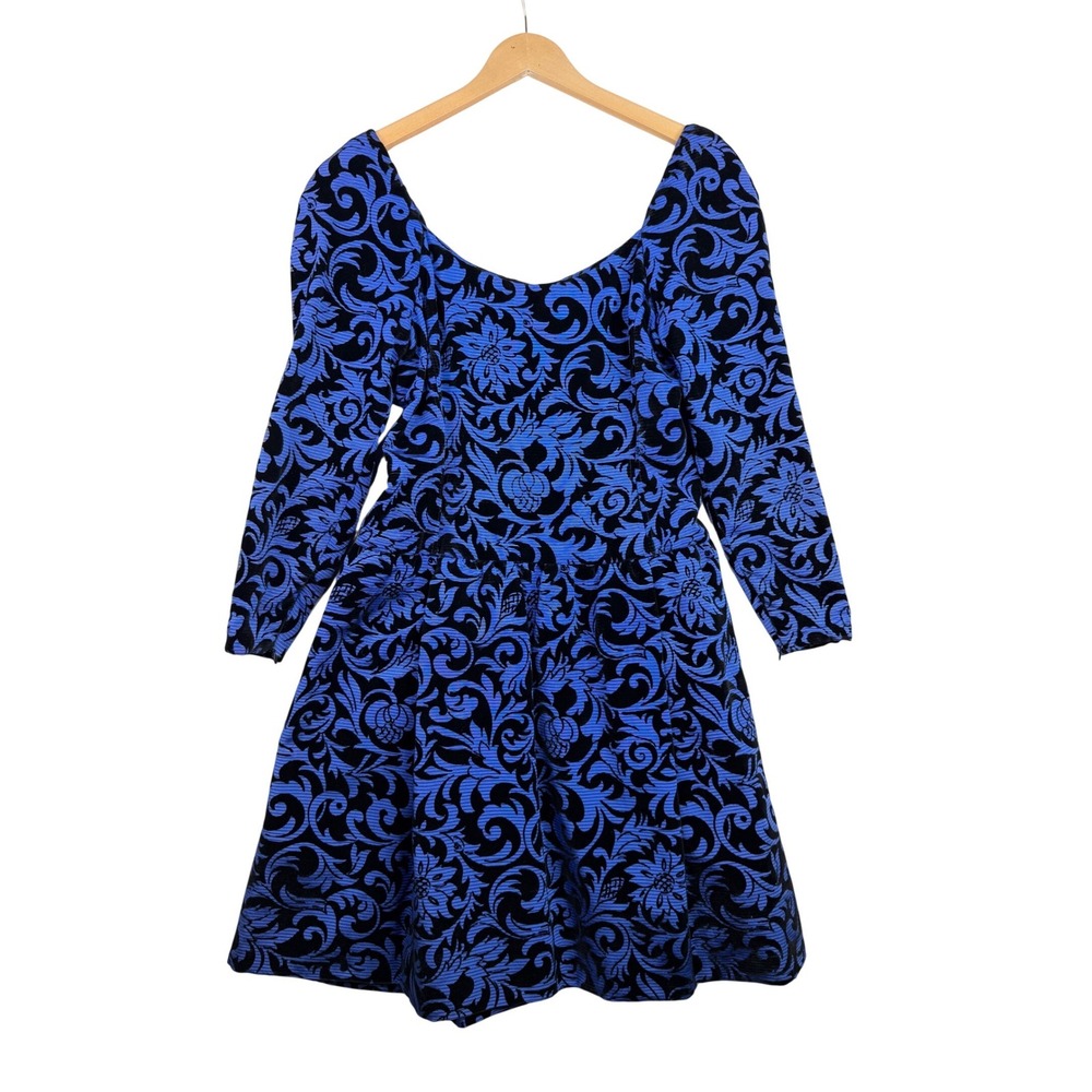 Scaasi Vintage Floral Print‎ Long Sleeve Mini Velvet Applique Dress size 10 Blue